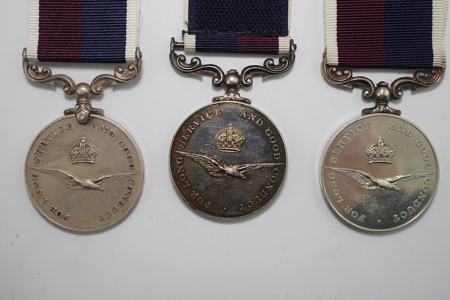 Three GVI and later Royal Air Force Long Service and Good Conduct Medals; GVI (renamed) to 362743 Act.F.Sgt.A.J.Vizer R.A.F; ERII to Sgt M R Bryant (R8225378) RAF; ERII to CPL P C W Outhwaite (E4272344) RAF. Condition -